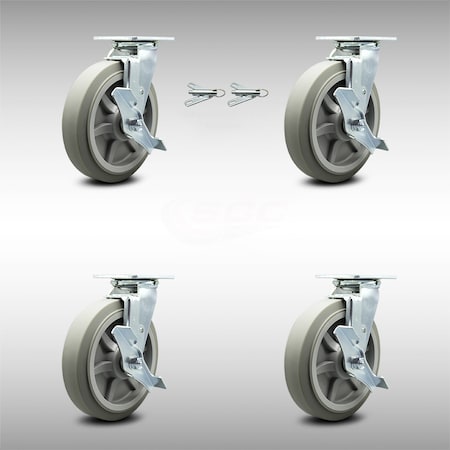 Service Caster 8 Inch SS Thermoplastic Caster Set with Roller Bearing 4 Brake 2 Swivel Lock SCC SCC-SS30S820-TPRRF-TLB-BSL-2-TLB-2